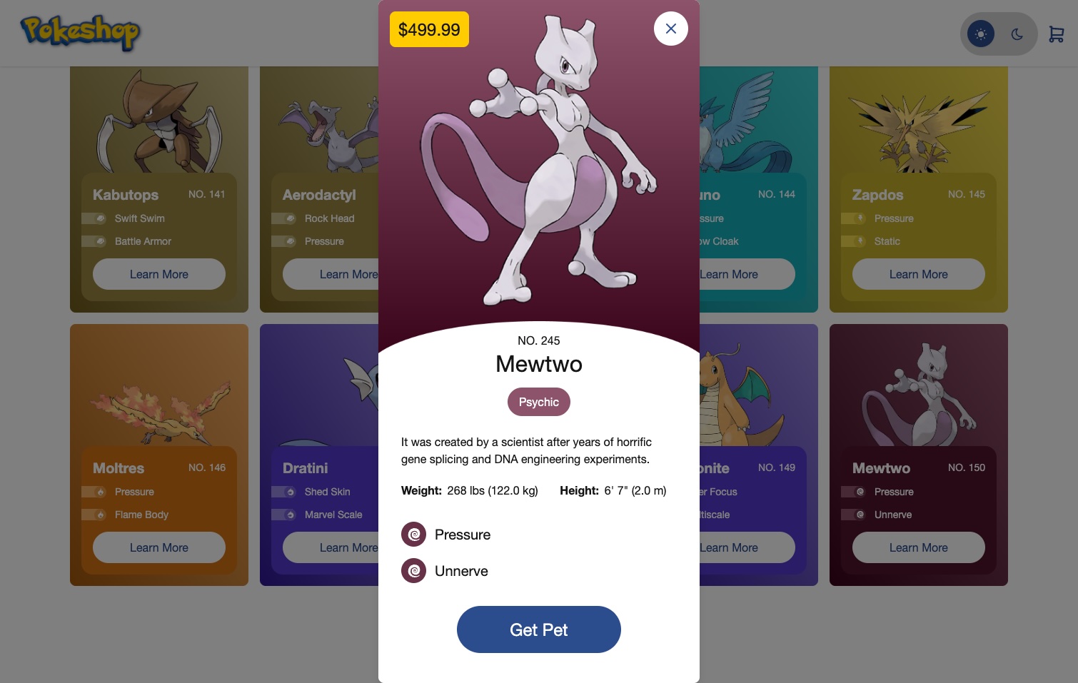 Pokemon Pet Shop Detail Modal