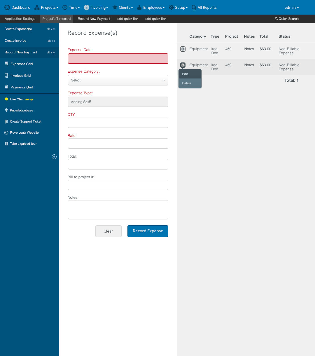 Rove Logix Record Expense with tooltip